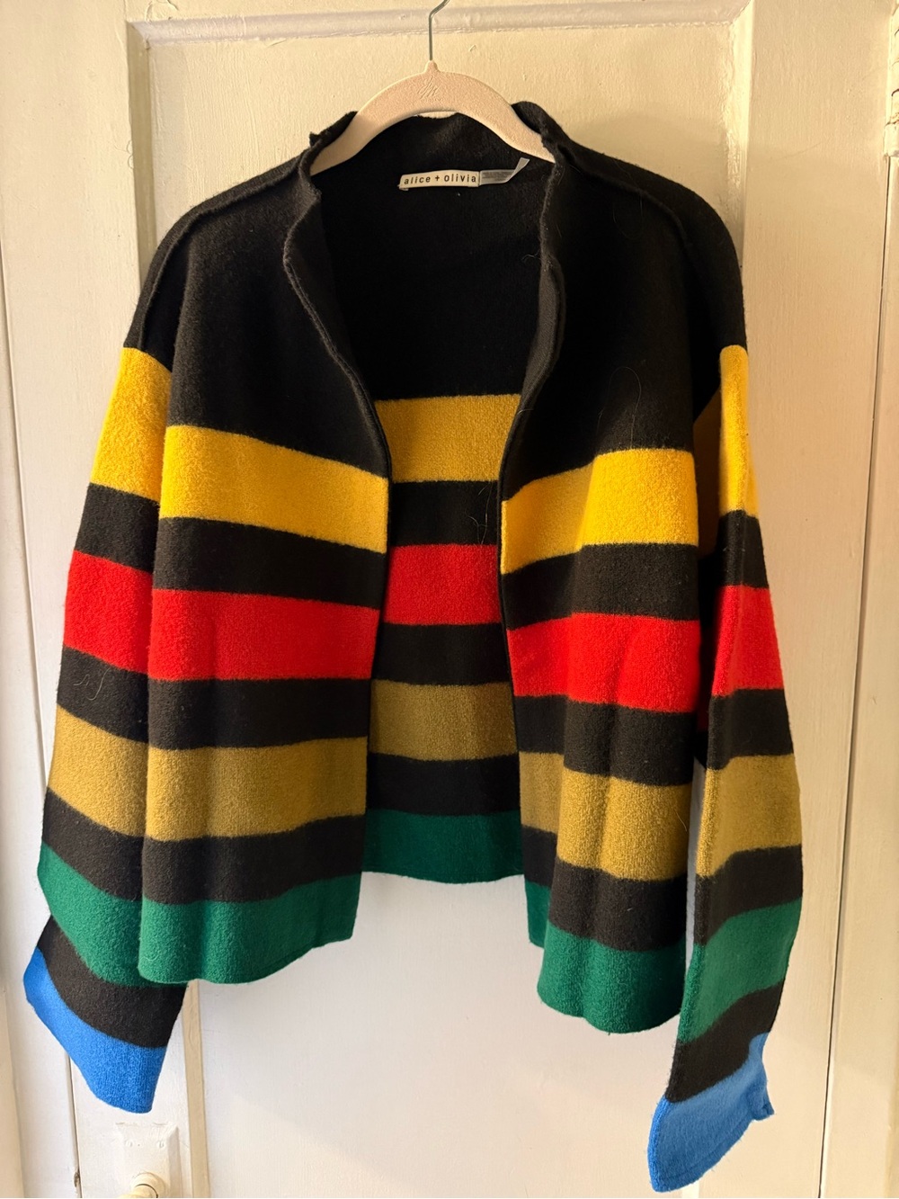 alice + olivia Black Wool Funnel Neck Cardigan with Branded Neck Label